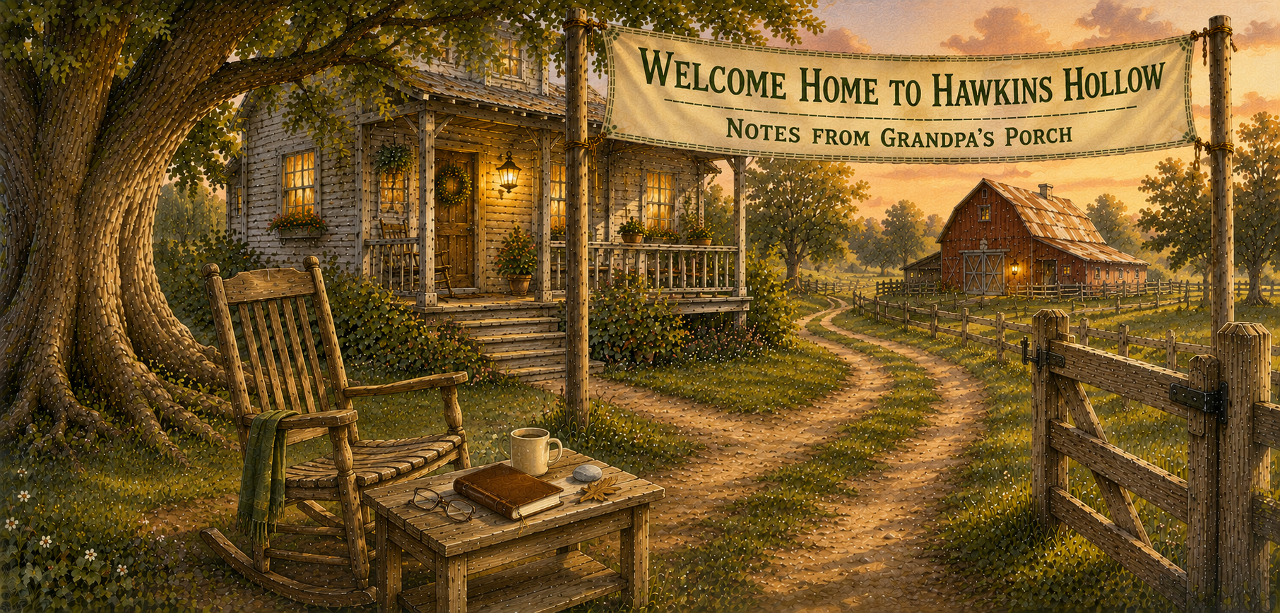 Community banner inviting visitors onto Grandpa's porch in Hawkins Hollow.